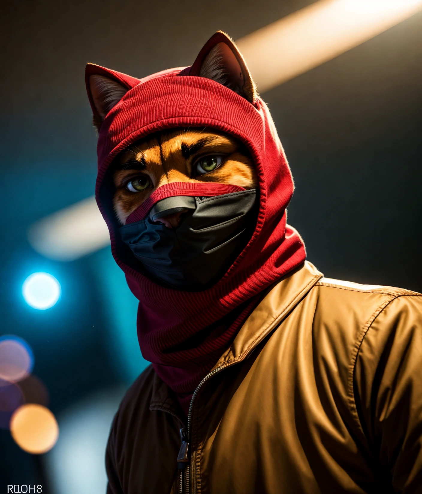 a cat, ((bank robber)),wearing a balaclava, holding a gun, epic scene, dynamic camera, backlight, high quality photography, 3 point lighting, flash with softbox, 4k, Canon EOS R3, hdr, smooth, sharp focus, high resolution, award winning photo, 80mm, f2.8, bokeh