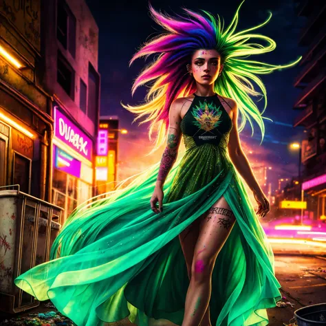 RAW photo, ((full body)), 1fairy, masterpiece, best quality, dynamic pos, ultra detailed, pale green glassed dress, glass body, fluid movement, light trail, dramatic lighting, green tone, long green hair, Photorealistic, Hyperrealistic, Hyperdetailed, analog style, detailed skin, matte skin, soft lighting, subsurface scattering, realistic, heavy shadow, masterpiece, best quality, ultra realistic, 8k, golden ratio, Intricate, High Detail, film photography, soft focus, in a punk style, piercings, tatoos, trash, garbages, color paint splats, coloured spoils, dust and scratches, punk crete, rainbow coloured hairs,synthwave,dark mood lighting