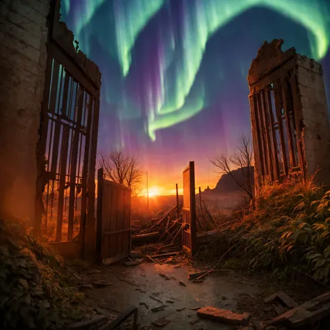 destroyed gate, (epic post apocalyptic destroyes city overgrown ruins), detailed background, red eyes, close-up, amazing fine detail, RAW photo, Nikon D850 film stock photograph Kodak Portra 400 camera f1.6 lens, rich colors, lifelike texture, dramatic lighting, unreal engine, trending on ArtStation, cinestill 800 tungsten, ((new dawn on horizon)), (aurora borealis), ((new dawn text))