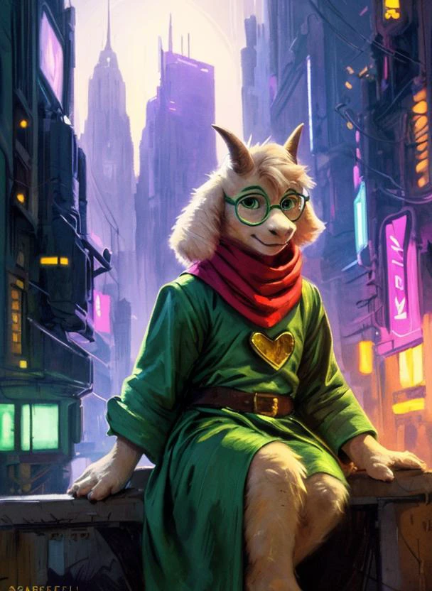 (( <lora:asriel-30:0.2>, <lora:asriel-20:0.2>, <lora:storyshiftAsriel_10:0.1>, <lora:ralsei:0.6>)), uploaded on e621, ((by Sabretoothed Ermine, by Kenket, by Supplesee, by Joaqun Sorolla)), (fluffy), solo, (goat), (red scarf, green robe, green glasses), ((Ralsei)), plump, bara, smile, (pose:1.3), (posing:1.3), (soft shading), 4k, hi res, five fingers, paws, detailed hands, ((detailed face, (detailed eyes:1.0), detailed)), face portrait, sitting, (hanging goat ears), cyberpunk background, night futuristic city, neon light, masterpiece, landscape, portrait, detailed background, (((backlighting))), realistic, masterpiece, highest quality, ((bloom)), (chromatic aberration), digital painting, Giorgio Cavallon