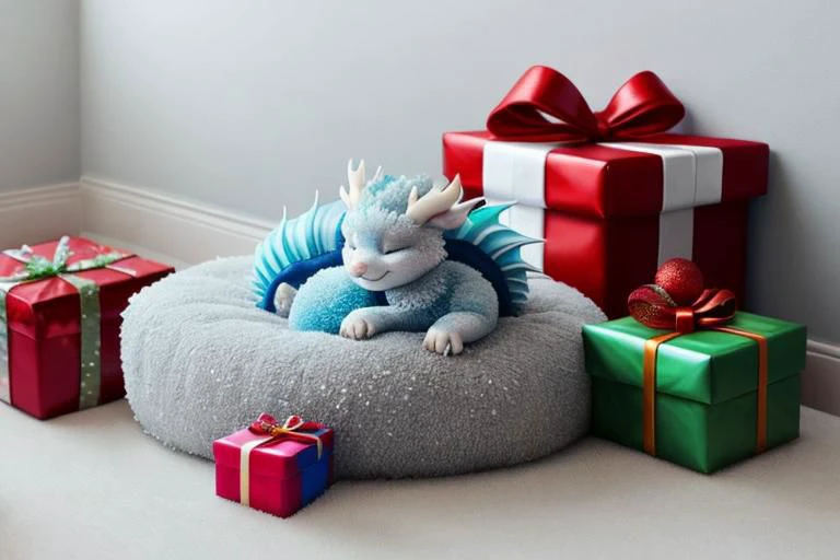 frostedstyle a cute ice dragon sleeping on top of a huge pile of Christmas presents
