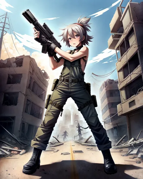 ( anime girl)), soldier woman wearing post-apocalyptic overall holding a machinegun  in a destroyed town after a ((nuclear blast)), dynamic pose, dynamic camera