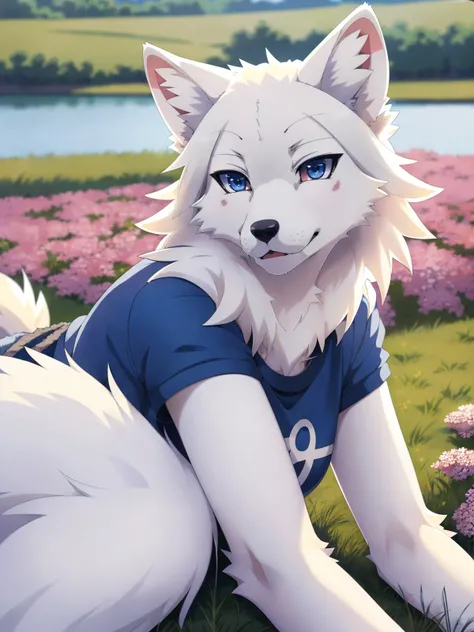 (Highest Quality, 4k, masterpiece, Amazing Details:1.1), laying near a lake,medium breast. deep blue eyes, (((wearing a t-shirt and jeans)), (full body:1.3) Shallow Depth of Field, E671, lens 50mm f/2.0, (( anthro white wolf female)), thin eyebrows, wavy short hair with flower hair ornament, (realistic white fur, detailed fur texture:1.2), ((anime:1.4))