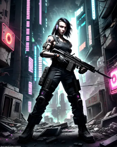 ((cyberpunk)), ((raw photo)), soldier woman wearing post-apocalyptic overall holding a machinegun in a destroyed town after a ((nuclear blast)), dynamic pose, dynamic camera