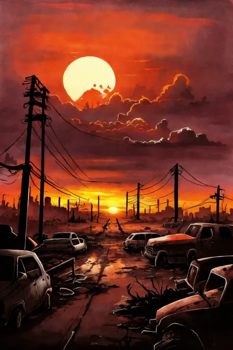 post-apocalyptic sunset at the end of the world of the new dawn aquarelle drawing