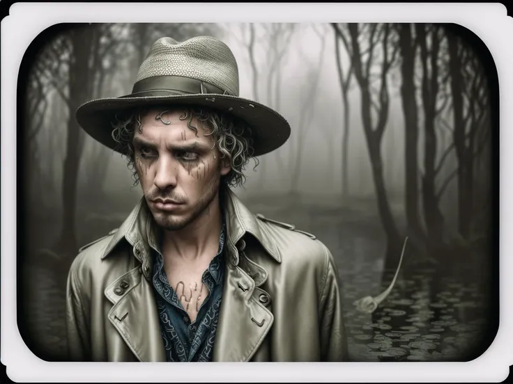 [ (stylized by Stanley Pinker:1.3) and Miles Johnston:2], photograph, award winning, (musician man broken drowning in despair and sorrow, wide brim hat, trench coat:1.2) , Foggy conditions, Slimepunk, soft light, double exposure, Polaroid, Selective focus, Vibrant Color, Batik, Dufaycolor Photograph, 64K, ultra high res, intricate details