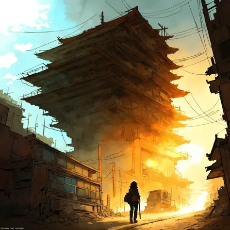 (beautiful woman), postapocalyptic, epic scene,, (Anime Scene, Toonshading, Satoshi Kon, Ken Sugimori, Hiromu Arakawa:1.2), (Anime Style, Manga Style:1.3), Low detail, sketch, concept art, line art, webtoon, manhua, hand drawn, defined lines, simple shades, minimalistic, High contrast, Linear compositions, Scalable artwork, Digital art, High Contrast Shadows, glow effects, humorous illustration, big depth of field, Masterpiece, colors, concept art, trending on artstation, Vivid colors, dramatic