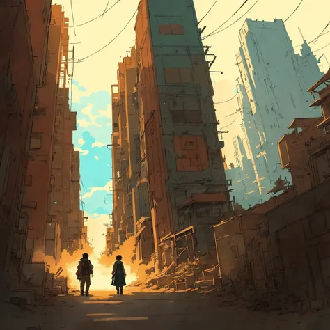 (beautiful woman), postapocalyptic, epic scene,, (Anime Scene, Toonshading, Satoshi Kon, Ken Sugimori, Hiromu Arakawa:1.2), (Anime Style, Manga Style:1.3), Low detail, sketch, concept art, line art, webtoon, manhua, hand drawn, defined lines, simple shades, minimalistic, High contrast, Linear compositions, Scalable artwork, Digital art, High Contrast Shadows, glow effects, humorous illustration, big depth of field, Masterpiece, colors, concept art, trending on artstation, Vivid colors, dramatic