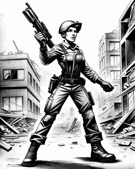 ((pencil sketch)), soldier woman wearing post-apocalyptic overall holding a machinegun in a destroyed town after a ((nuclear blast)), dynamic pose, dynamic camera