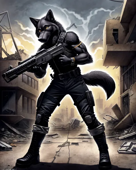 ((black wolf anthro)), soldier woman wearing post-apocalyptic overall holding a machinegun in a destroyed town after a ((nuclear blast)), dynamic pose, dynamic camera
