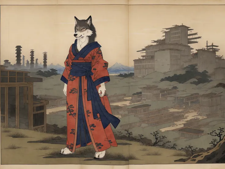 An (anthro wolf female), medium breast, (standing), (epic post apocalyptic destroyes city overgrown ruins), ((Ukiyo-e style))
