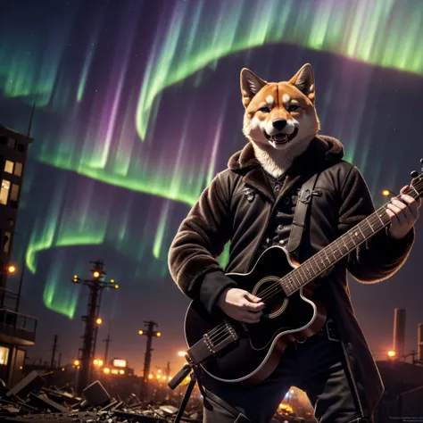 (Highest Quality, 4k, masterpiece:1.1), (realism, photorealistic:1.4), ray traced, hyper realism, soft lighting, detailed background, film grain, (detailed fur texture:1.3),
BREAK
((black metal)) anthro shiba inu plays his guitar on the last day on earth ,(wearing black metal outfit),(( post-apocalyptic destroyed dieselpunk city background)) , fangs , angry, paws,(new dawn), (aurora borealis) , closeup