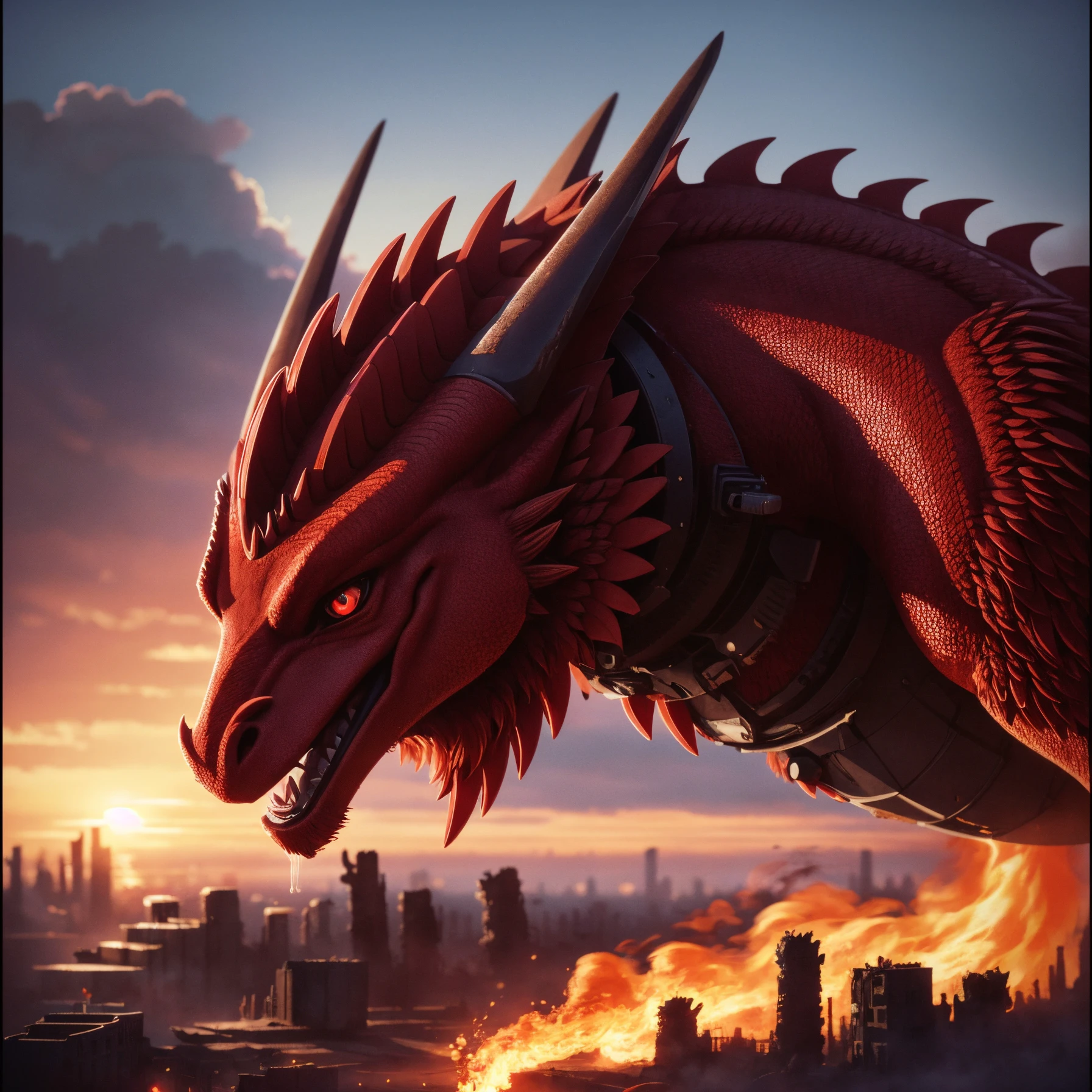 An red dragon, flying over spitting fire, (epic post apocalyptic destroyes city overgrown ruins), detailed background, red eyes, close-up, amazing fine detail, RAW photo, Nikon D850 film stock photograph Kodak Portra 400 camera f1.6 lens, rich colors, lifelike texture, dramatic lighting, unreal engine, trending on ArtStation, cinestill 800 tungsten, ((new dawn on horizon))