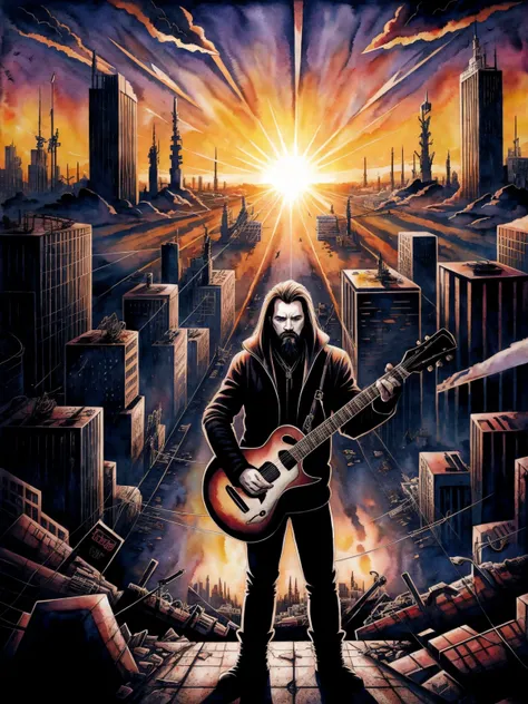 A black metal guy plays his guitar on the last day on earth , post-apocalyptic destroyed city background (colorful aquarell ), ((new dawn)