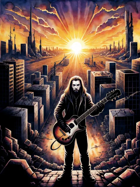 A black metal guy plays his guitar on the last day on earth , post-apocalyptic destroyed city background (colorful aquarell ), ((new dawn)
