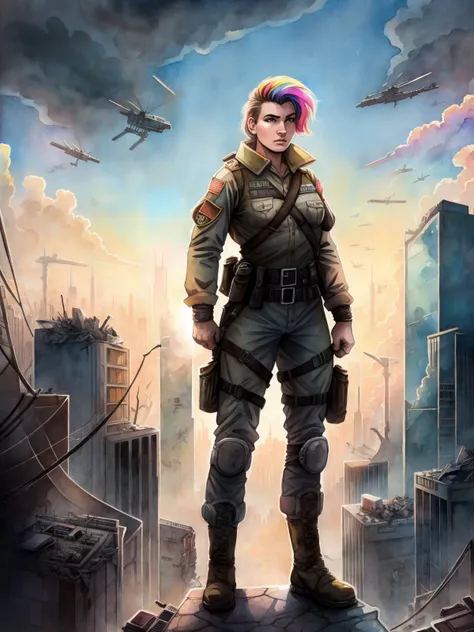 soldier woman standing on the edge of a skyscraper looking down, on the last day on earth, post-apocalyptic destroyed city background (colorful aquarelle )