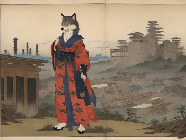 An (anthro wolf female), medium breast, (standing), (epic post apocalyptic destroyes city overgrown ruins), ((Ukiyo-e style))
