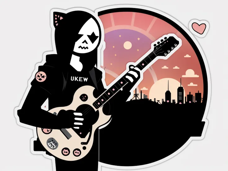A black metal guy plays his guitar on the last day on earth , post-apocalyptic destroyed city background (((kawaii sticker ))), ((new dawn)