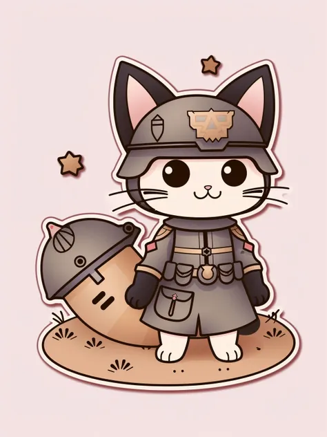 ((a cute cat soldier)), majestic, (fighting in WW1 trenches), warzone, explosions, masterpiece, best quality, Sticker, Cute sticker, Kawaii sticker, die-cut, plain background, illustration minimalism, vector, pastel colors, kawaii