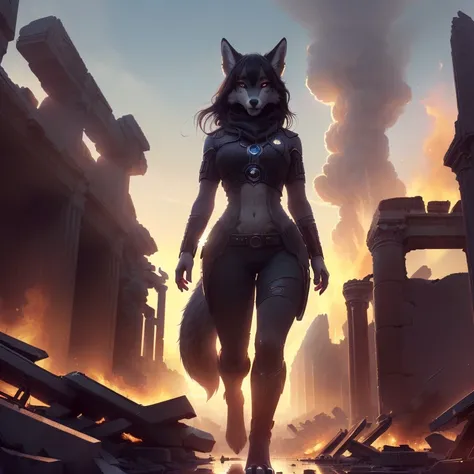 ((( portrait solo female wolf woman)),(full body),(anthro furry:1.5) (white belly fur 1.1), (extremely detailed CG unity 8k wallpaper), (masterpiece), (best quality:1.2), (highres), (illustration:1.1), (cinematic light:1.1), finely detailed, intricate details, (best illustration), 8k resolution, intricate details, best quality, realistic, ultra-detailed, best illumination, best shadow, ultra-HD, cryengine, ultra hd, (detailed reflection), detailed shadows, (((intricate details))), smooth, ((perfect shading)), high quality metal texture, metallic luster, highly detailed illustration, (, a futuristic city , fire explosion in distance, smoke rising over skyscrapers after nuclear explosion at ,street view, dynamic camera angle, (warzone), (((high quality detailed ruins))), (depth of field), ((cinematic lighting)), ((horror)), ((dark fantasy)), lovecraftian, spot color, monotone, red, splashing blood, (best illumination), (hyper intricate details), ((ultra-detailed)), 4k unity, (extremely detailed CG:1.2), (8k:1.1), ((landscape view)), Artstation, ((by sui ishida, by Wenjun Lin, by stefan morrell)), dystopian art, apocalypse art, ((semi-realistic)), (realism), (dynamic), detailed anime eyes, 4k, 8k, hires, (e621),