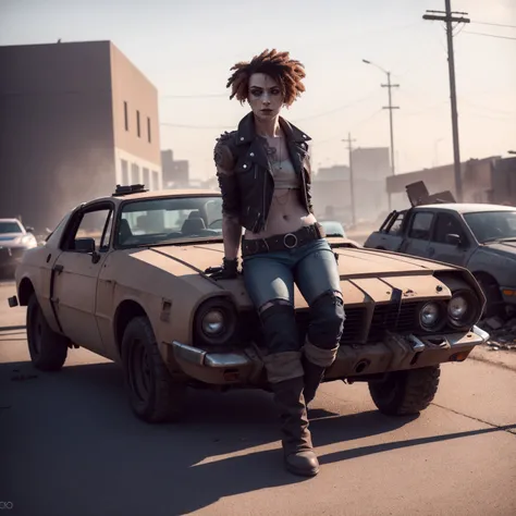 a portait of a dystopic punk woman, (leaning on post apocalyptic car), natural sunlight, strong shadows, d750 photo by Keos Masons, sharp focus, pastel dark cold lighting, Sony Alpha 7