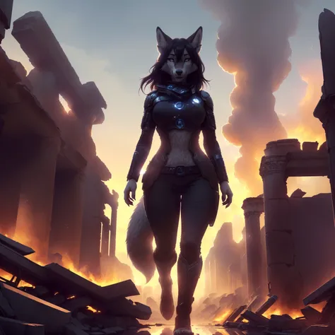 ((( portrait solo female wolf woman)),(full body),(anthro furry:1.5) (white belly fur 1.1), (extremely detailed CG unity 8k wallpaper), (masterpiece), (best quality:1.2), (highres), (illustration:1.1), (cinematic light:1.1), finely detailed, intricate details, (best illustration), 8k resolution, intricate details, best quality, realistic, ultra-detailed, best illumination, best shadow, ultra-HD, cryengine, ultra hd, (detailed reflection), detailed shadows, (((intricate details))), smooth, ((perfect shading)), high quality metal texture, metallic luster, highly detailed illustration, (, a futuristic city , fire explosion in distance, smoke rising over skyscrapers after nuclear explosion at ,street view, dynamic camera angle, (warzone), (((high quality detailed ruins))), (depth of field), ((cinematic lighting)), ((horror)), ((dark fantasy)), lovecraftian, spot color, monotone, red, splashing blood, (best illumination), (hyper intricate details), ((ultra-detailed)), 4k unity, (extremely detailed CG:1.2), (8k:1.1), ((landscape view)), Artstation, ((by sui ishida, by Wenjun Lin, by stefan morrell)), dystopian art, apocalypse art, ((semi-realistic)), (realism), (dynamic), detailed anime eyes, 4k, 8k, hires, (e621),