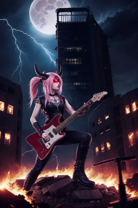 (masterpiece, realistic), punk woman, red eyes, pink hair, twintails, horns, (glowing eyes:1.2),(guitar:1.2), playing electric guitar, (a crowd of metalheads in the foreground), heavy metal stance, full moon, city ruins, burning city, fire, night, full moon, thunderstorm, deathmetal