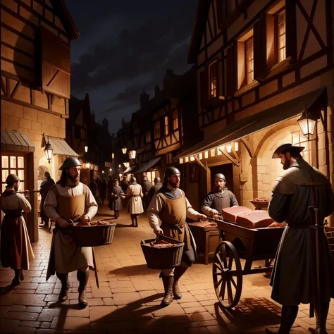 a medieval street, dark, muddy, crowded, people walking, cart rolling by, a woman with a child, carrying a basket, a blacksmith working on a sword, a man selling fish, a butcher selling meat,((medieval village)), masterpiece, (best quality), (((digital art))), dramatic lighting