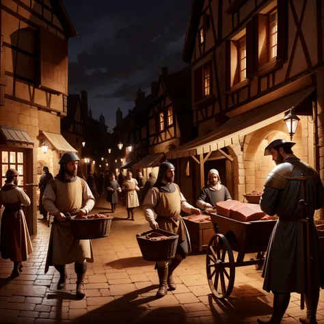 a medieval street, dark, muddy, crowded, people walking, cart rolling by, a woman with a child, carrying a basket, a blacksmith working on a sword, a man selling fish, a butcher selling meat,((medieval village)), masterpiece, (best quality), (((digital art))), dramatic lighting