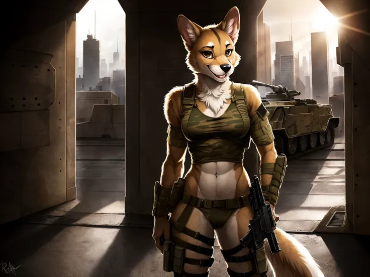 (solo female dog soldier)), ((wearing skimpy military clothes)), (20 years old), (holding a gun), (((furry:1.3))), detailed face, dramatic lighting, masterpiece, clear, hdr, (modern city battlefield background),((masterpiece raw photo:1.3)), ((full body:1.1)), (smiling), happy,