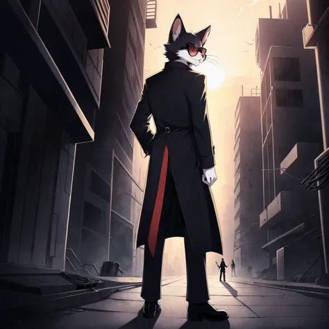 anime, 1cat hitman, ((single)), (anthro:1.5), old trenchcoat, sun glasses, cool, dystopian city, full body