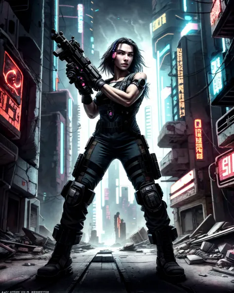 ((cyberpunk)), ((raw photo)), soldier woman wearing post-apocalyptic overall holding a machinegun in a destroyed town after a ((nuclear blast)), dynamic pose, dynamic camera