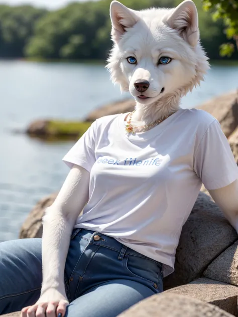 (Highest Quality, 4k, masterpiece, Amazing Details:1.1), laying near a lake,medium breast. deep blue eyes, (((wearing a t-shirt and jeans)), (full body:1.3) Shallow Depth of Field, E671, lens 50mm f/2.0, (( anthro white wolf female)), thin eyebrows, wavy short hair with flower hair ornament, (realistic white fur, detailed fur texture:1.2), ((photorealistic) (RAW Photo))