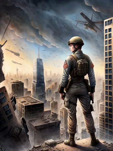 soldier woman standing on the edge of a skyscraper looking down, on the last day on earth, post-apocalyptic destroyed city background (colorful aquarelle )