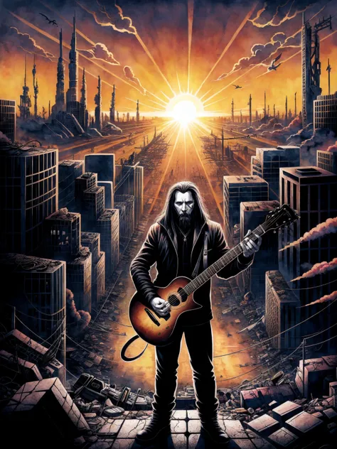 A black metal guy plays his guitar on the last day on earth , post-apocalyptic destroyed city background (colorful aquarell ), ((new dawn)