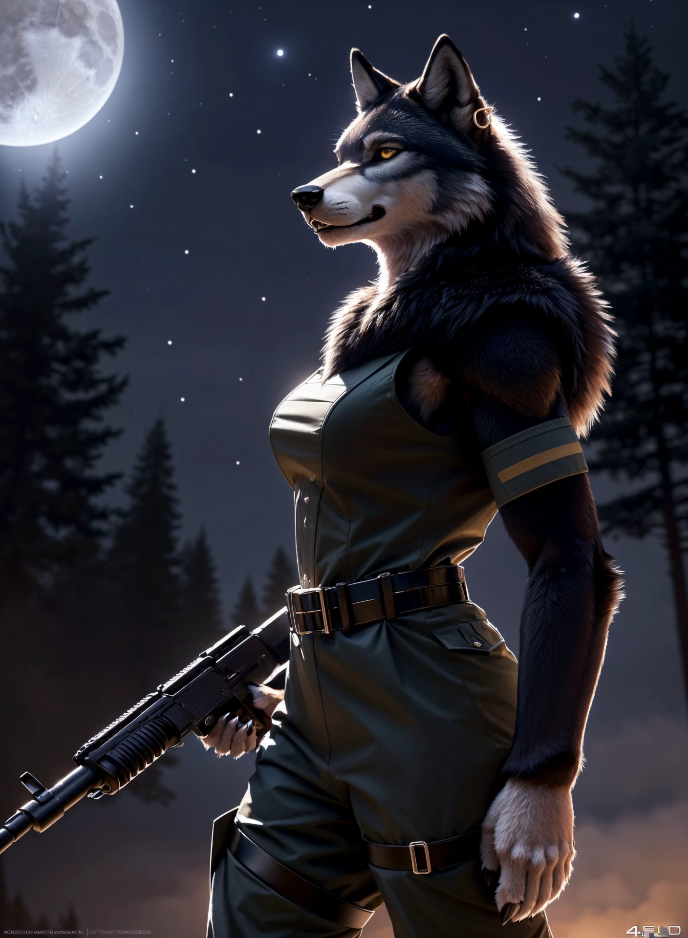 (portrait of anthro black wolf female), ((highly detailed ((wolf )) face)),((soldier uniform)) ,holding a maschine gun , ear and piercing, ear ring, notched ear, female anthro black wolf, cinematic lighting, ((detailed fur texture)), (highly detailed, realistic proportions, high detailed, 4k hdr), hyper realistic, ((photorealistic)), ( outdoors, trees and greenery, full moon, ((nighttime)) , looking at viewer, cinematic composition, trending on artstation, vagina, visible fangs, armpit, angry, ((full body))