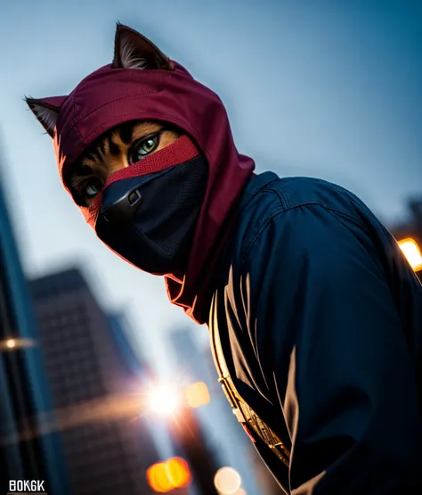 a cat, ((bank robber)),wearing a balaclava, holding a gun, epic scene, dynamic camera, backlight, high quality photography, 3 point lighting, flash with softbox, 4k, Canon EOS R3, hdr, smooth, sharp focus, high resolution, award winning photo, 80mm, f2.8, bokeh