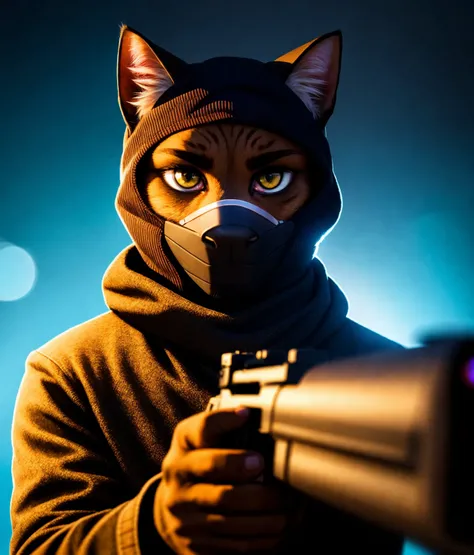 a  cat, ((bank robber)),wearing a balaclava, holding a gun, epic scene, dynamic camera, backlight, high quality photography, 3 point lighting, flash with softbox, 4k, Canon EOS R3, hdr, smooth, sharp focus, high resolution, award winning photo, 80mm, f2.8, bokeh