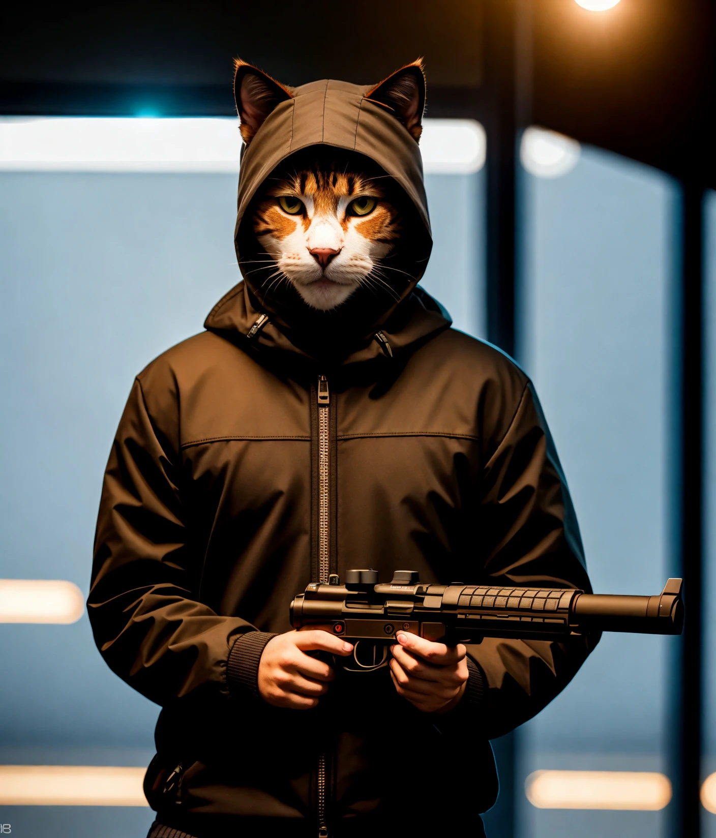 a cat, ((bank robber)),wearing a balaclava, holding a gun, epic scene, dynamic camera, backlight, high quality photography, 3 point lighting, flash with softbox, 4k, Canon EOS R3, hdr, smooth, sharp focus, high resolution, award winning photo, 80mm, f2.8, bokeh