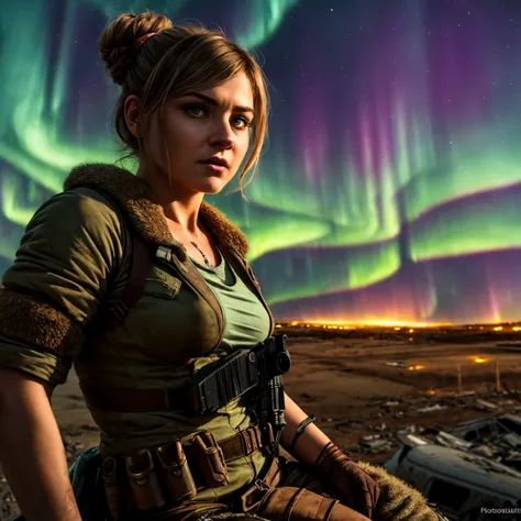 (Highest Quality, 4k, masterpiece:1.1), (realism, photorealistic:1.4), ray traced, hyper realism, soft lighting, detailed background, film grain
BREAK
(beutiful woman), ((wearing post apocalyptic outfit:1.2)), medium breast inside a destroyed city after nuclear blast, sitting on a ammonition chest,looking down from a hill, holding a gun, looking angry, (perfect anatomy), (aurora borealis), (close up:1.3)