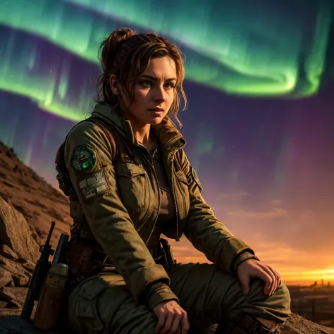 (Highest Quality, 4k, masterpiece:1.1), (realism, photorealistic:1.4), ray traced, hyper realism, soft lighting, detailed background, film grain
BREAK
(beutiful woman), ((wearing post apocalyptic outfit:1.2)), medium breast inside a destroyed city after nuclear blast, sitting on a ammonition chest,looking down from a hill, holding a gun, looking angry, (perfect anatomy), (aurora borealis), (close up:1.3)
