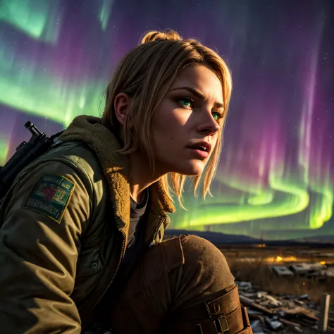(Highest Quality, 4k, masterpiece:1.1), (realism, photorealistic:1.4), ray traced, hyper realism, soft lighting, detailed background, film grain
BREAK
(beutiful woman), ((wearing post apocalyptic outfit:1.2)), medium breast inside a destroyed city after nuclear blast, sitting on a ammonition chest,looking down from a hill, holding a gun, looking angry, (perfect anatomy), (aurora borealis), (close up:1.3)
