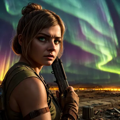 (Highest Quality, 4k, masterpiece:1.1), (realism, photorealistic:1.4), ray traced, hyper realism, soft lighting, detailed background, film grain
BREAK
(beutiful woman), ((wearing post apocalyptic outfit:1.2)), medium breast inside a destroyed city after nuclear blast, sitting on a ammonition chest,looking down from a hill, holding a gun, looking angry, (perfect anatomy), (aurora borealis), (close up:1.3)