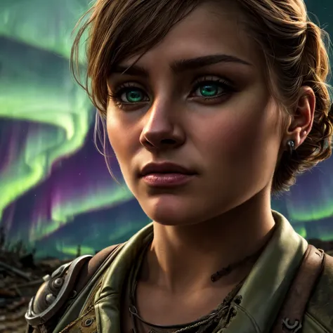 (Highest Quality, 4k, masterpiece:1.1), (realism, photorealistic:1.4), ray traced, hyper realism, soft lighting, detailed background, film grain
BREAK
(beutiful woman), ((wearing post apocalyptic outfit:1.2)), medium breast inside a destroyed city after nuclear blast, sitting on a ammonition chest,looking down from a hill, holding a gun, looking angry, (perfect anatomy), (aurora borealis), (close up:1.3)