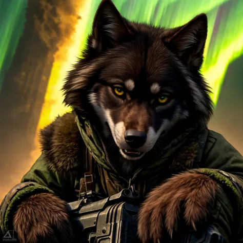 (Highest Quality, 4k, masterpiece:1.1), (realism, photorealistic:1.4), ray traced, hyper realism, soft lighting, detailed background, film grain, (detailed fur texture:1.3),
BREAK
(anthro female black wolf), ((wearing post apocalyptic outfit:1.2)), inside a destroyed city after nuclear blast, sitting on a ammonition chest,looking down from a hill, holding a gun, looking angry, visible fangs (perfect anatomy),((paws)), (aurora borealis), (close up:1.3)