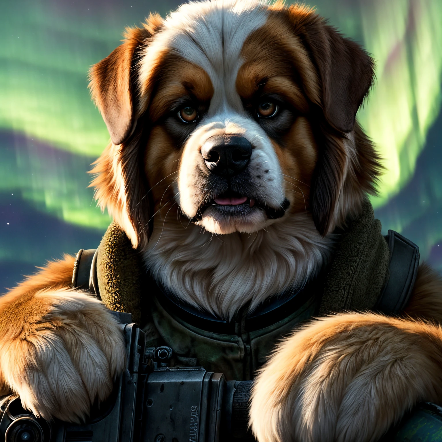 (Highest Quality, 4k, masterpiece:1.1), (realism, photorealistic:1.4), ray traced, hyper realism, soft lighting, detailed background, film grain, (detailed fur texture:1.3),
BREAK
(anthro female saint bernard), ((wearing post apocalyptic outfit:1.2)), inside a destroyed city after nuclear blast, sitting on a ammonition chest,looking down from a hill, holding a gun, looking angry, visible fangs (perfect anatomy),((paws)), (aurora borealis), (close up:1.3)