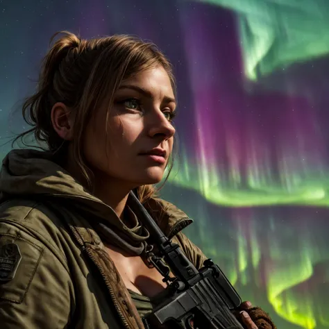 (Highest Quality, 4k, masterpiece:1.1), (realism, photorealistic:1.4), ray traced, hyper realism, soft lighting, detailed background, film grain
BREAK
(beutiful woman), ((wearing post apocalyptic outfit:1.2)), medium breast inside a destroyed city after nuclear blast, sitting on a ammonition chest,looking down from a hill, holding a gun, looking angry, (perfect anatomy), (aurora borealis), (close up:1.3)
