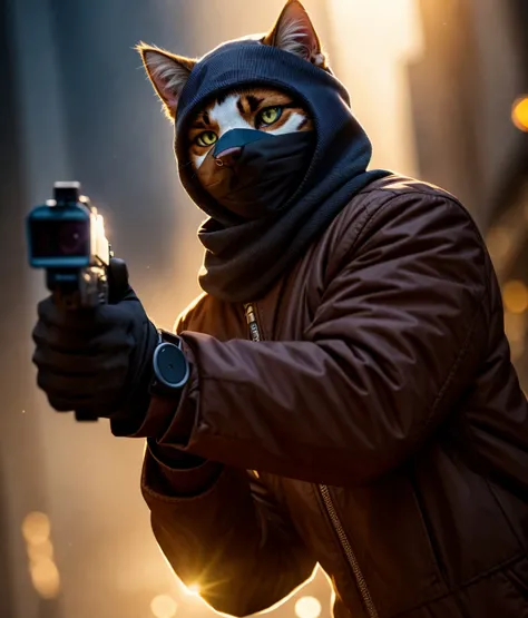 a cat, ((bank robber)),wearing a balaclava, holding a gun, epic scene, dynamic camera, backlight, high quality photography, 3 point lighting, flash with softbox, 4k, Canon EOS R3, hdr, smooth, sharp focus, high resolution, award winning photo, 80mm, f2.8, bokeh