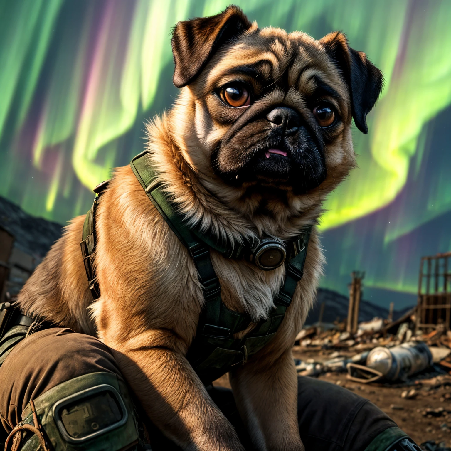 (Highest Quality, 4k, masterpiece:1.1), (realism, photorealistic:1.4), ray traced, hyper realism, soft lighting, detailed background, film grain, (detailed fur texture:1.3),
BREAK
(anthro female pug), ((wearing post apocalyptic outfit:1.2)), inside a destroyed city after nuclear blast, sitting on a ammonition chest,looking down from a hill, holding a gun, looking angry, visible fangs (perfect anatomy),((paws)), (aurora borealis), (close up:1.3)