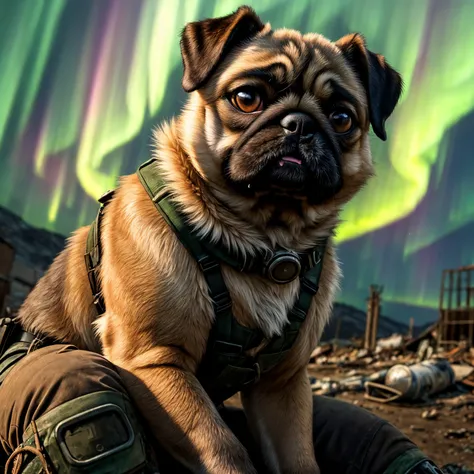 (Highest Quality, 4k, masterpiece:1.1), (realism, photorealistic:1.4), ray traced, hyper realism, soft lighting, detailed background, film grain, (detailed fur texture:1.3),
BREAK
(anthro female pug), ((wearing post apocalyptic outfit:1.2)), inside a destroyed city after nuclear blast, sitting on a ammonition chest,looking down from a hill, holding a gun, looking angry, visible fangs  (perfect anatomy),((paws)), (aurora borealis), (close up:1.3)